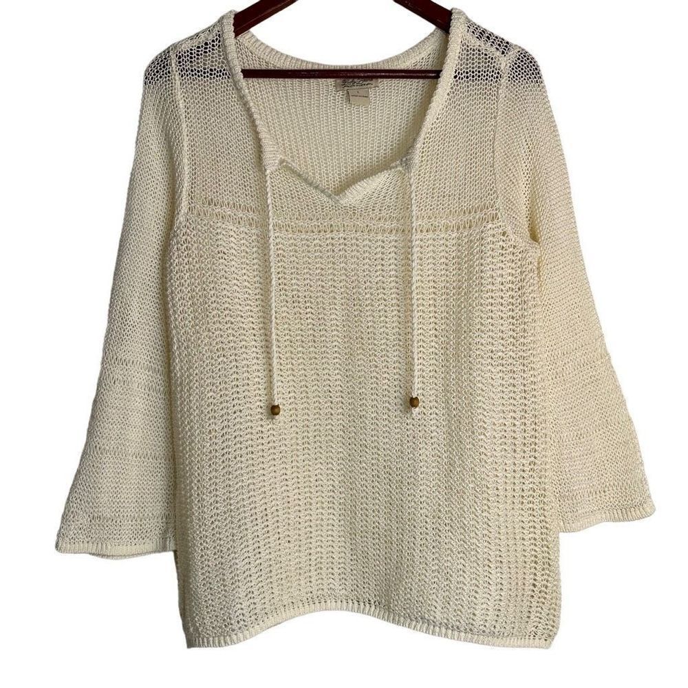 Lucky Brand Cream Open Knit Pullover Sweater Womens Large Beachy Boho Minimalist